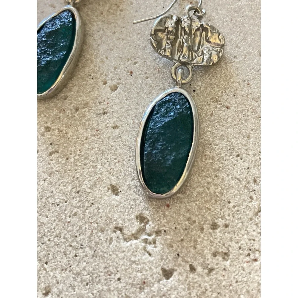 Naturalist Dangle Earrings In‎ Silver Tone & Dark Green Brutalist Modernist